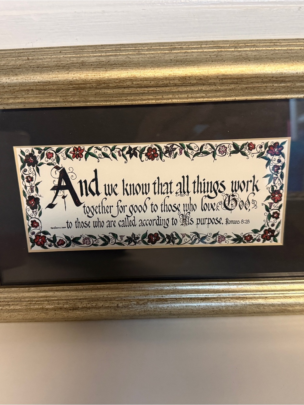Don Jonas Calligraphy Romans 8:28 Bible verse Plaque - Black Mat, Gold Frame